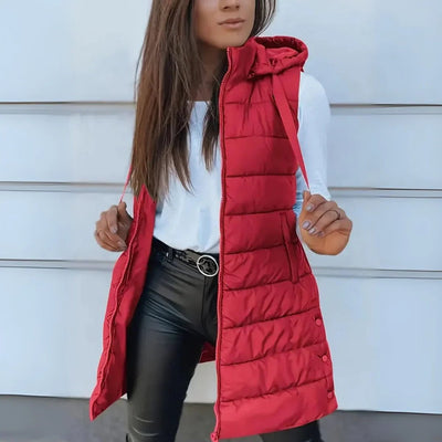 Frieda | Lange mouwloze dames bodywarmer met capuchon