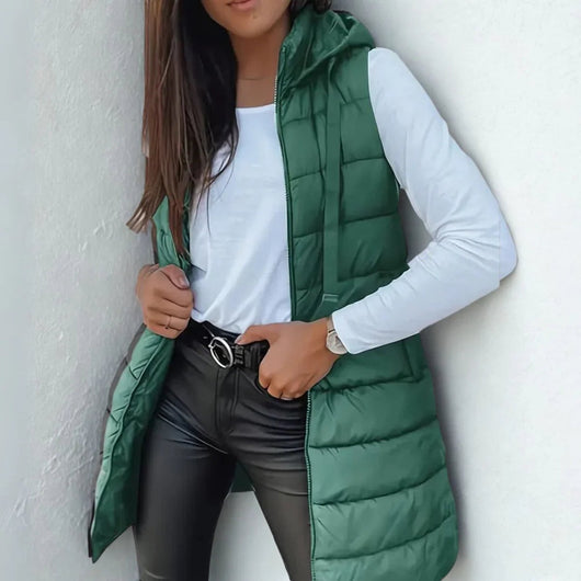 Frieda | Lange mouwloze dames bodywarmer met capuchon
