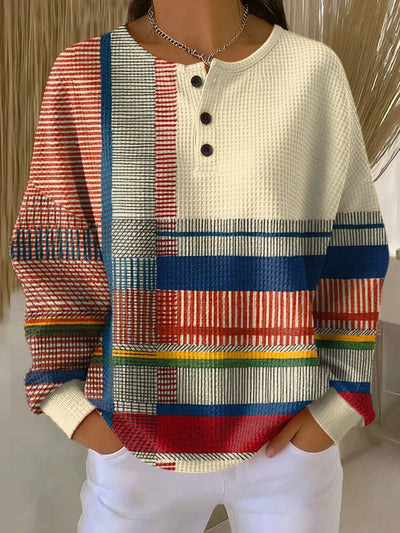 Annika | Dames henley trui met relaxed fit, colorblock en wafelstructuur