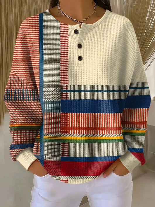 Annika | Dames henley trui met relaxed fit, colorblock en wafelstructuur