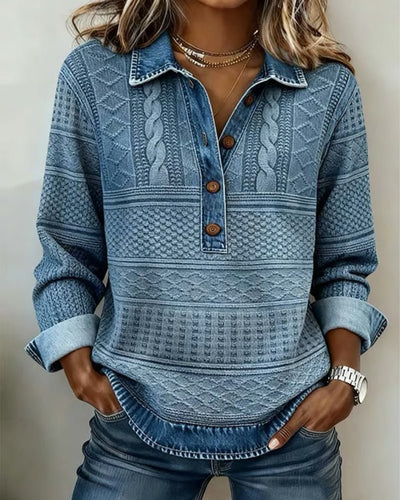 Charlotte | Dames sweater met relaxed fit, halve knoopsluiting en denimkraag