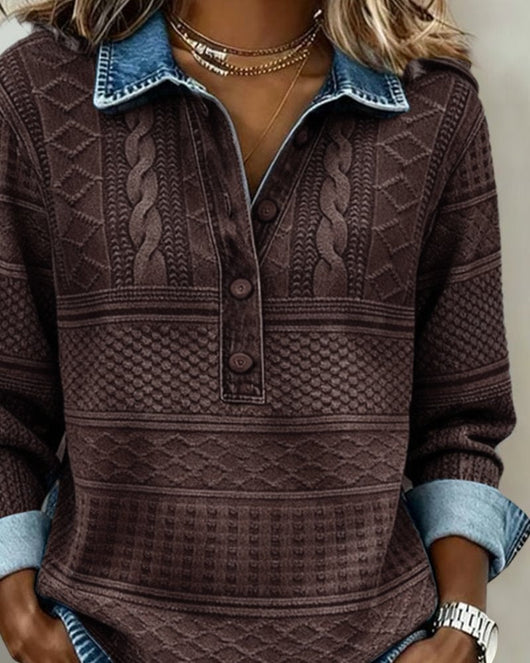 Charlotte | Dames sweater met relaxed fit, halve knoopsluiting en denimkraag