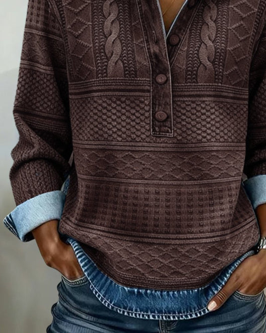 Charlotte | Dames sweater met relaxed fit, halve knoopsluiting en denimkraag