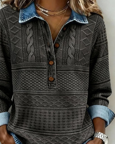 Charlotte | Dames sweater met relaxed fit, halve knoopsluiting en denimkraag