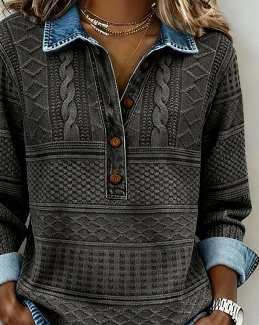 Charlotte | Dames sweater met relaxed fit, halve knoopsluiting en denimkraag