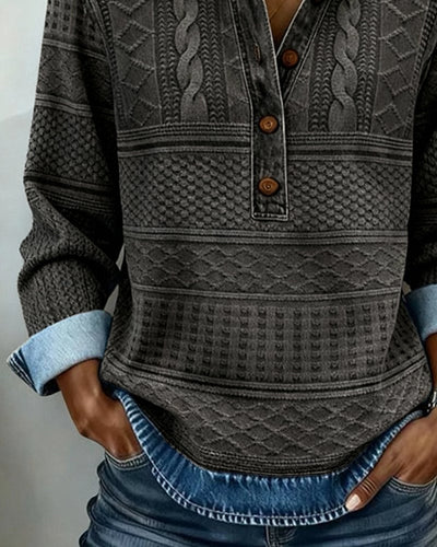 Charlotte | Dames sweater met relaxed fit, halve knoopsluiting en denimkraag