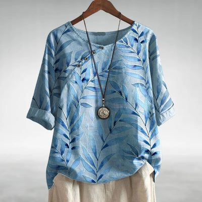 Frieda | Dames linnen blouse met bladprint, ronde hals en relaxed fit
