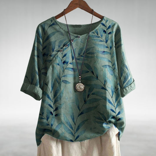 Frieda | Dames linnen blouse met bladprint, ronde hals en relaxed fit