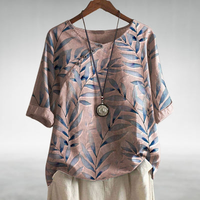 Frieda | Dames linnen blouse met bladprint, ronde hals en relaxed fit