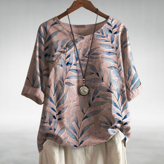 Frieda | Dames linnen blouse met bladprint, ronde hals en relaxed fit
