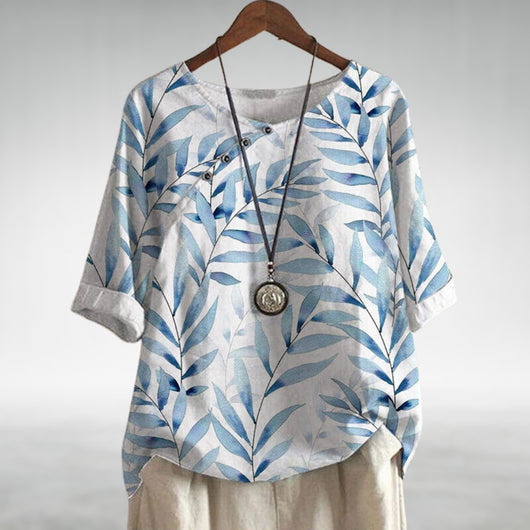 Frieda | Dames linnen blouse met bladprint, ronde hals en relaxed fit
