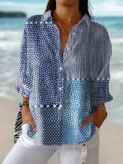 Clara | Dames patchwork blouse met lange mouwen, relaxed fit en knoopsluiting