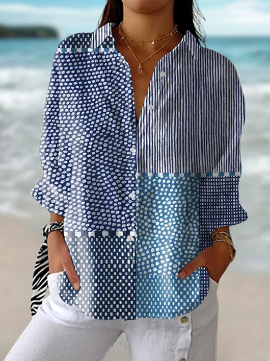 Clara | Dames patchwork blouse met lange mouwen, relaxed fit en knoopsluiting