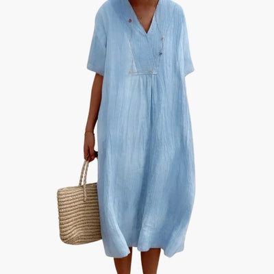 Johanna | Dames linnen midi-jurk met V-hals en relaxed fit