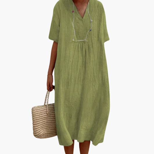 Johanna | Dames linnen midi-jurk met V-hals en relaxed fit