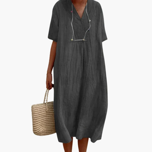 Johanna | Dames linnen midi-jurk met V-hals en relaxed fit