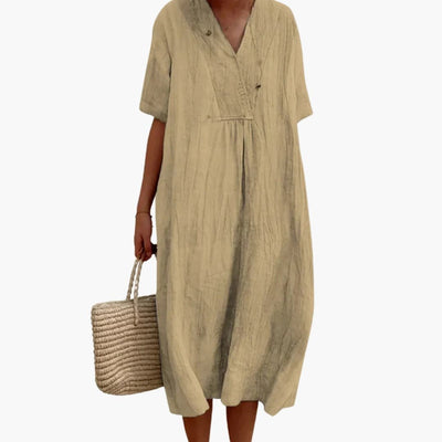 Johanna | Dames linnen midi-jurk met V-hals en relaxed fit