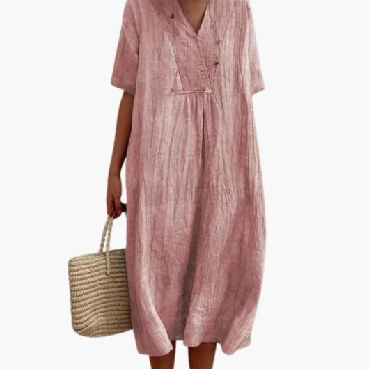 Johanna | Dames linnen midi-jurk met V-hals en relaxed fit