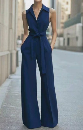 Marie | Mouwloze getailleerde dames jumpsuit met wijde pijpen
