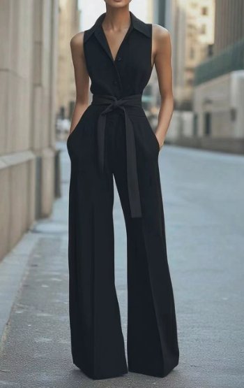 Marie | Mouwloze getailleerde dames jumpsuit met wijde pijpen