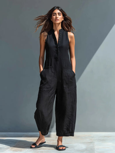 Annika | Mouwloze dames linnen jumpsuit met knoopsluiting en opstaande kraag