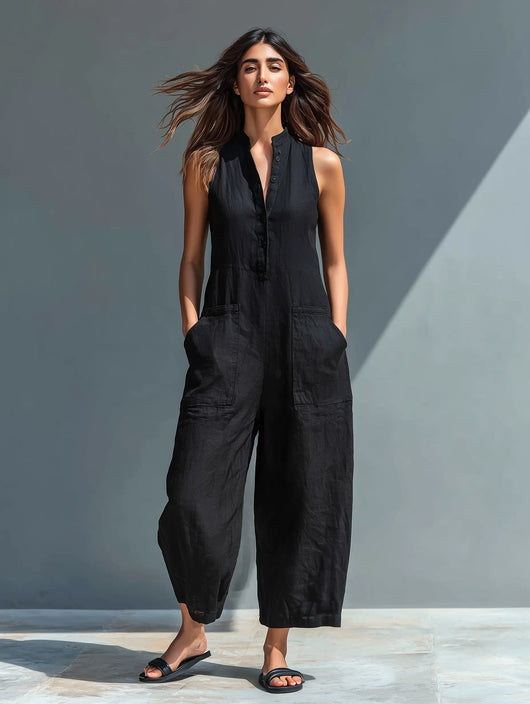 Annika | Mouwloze dames linnen jumpsuit met knoopsluiting en opstaande kraag