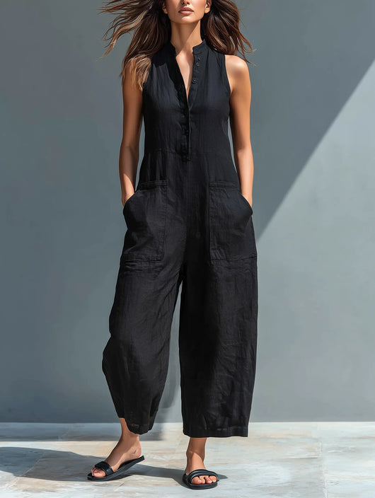 Annika | Mouwloze dames linnen jumpsuit met knoopsluiting en opstaande kraag