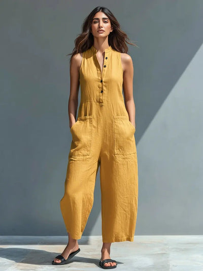 Annika | Mouwloze dames linnen jumpsuit met knoopsluiting en opstaande kraag