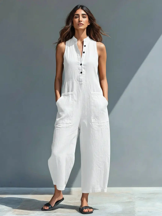 Annika | Mouwloze dames linnen jumpsuit met knoopsluiting en opstaande kraag