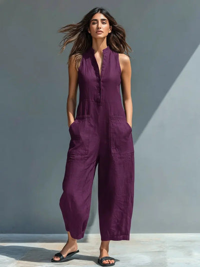 Annika | Mouwloze dames linnen jumpsuit met knoopsluiting en opstaande kraag