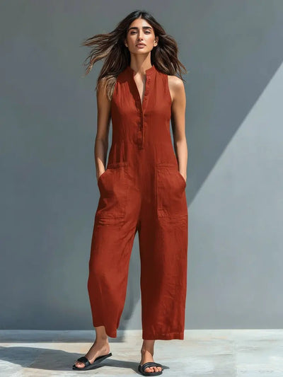 Annika | Mouwloze dames linnen jumpsuit met knoopsluiting en opstaande kraag
