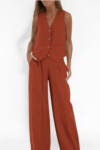 Charlotte | Mouwloze dames tweedelige set met gilet en wijde broek