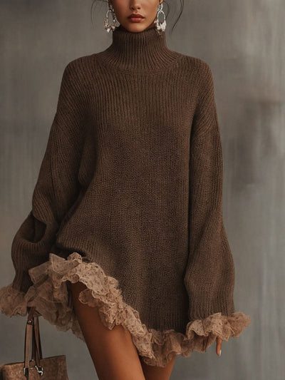 Leonie | Oversized dames gebreide coljurk met kanten ruches