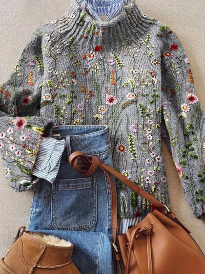 Sophie | Dames gebreide coltrui met vintage bloemborduursel