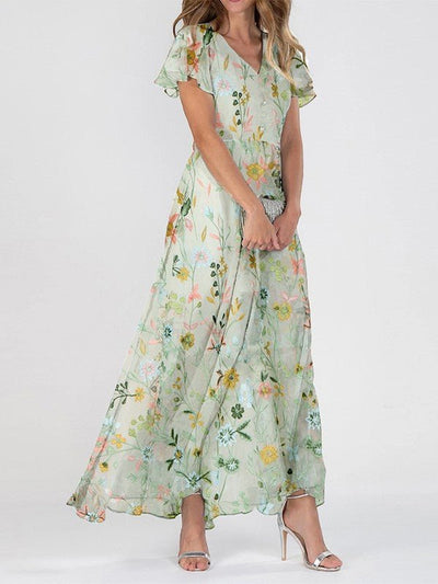 Clara | Romantische dames maxijurk met bloemenprint en V-hals