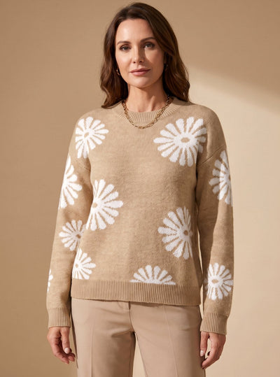Emilia | Losvallende dames gebreide trui met bloemendessin en ronde hals