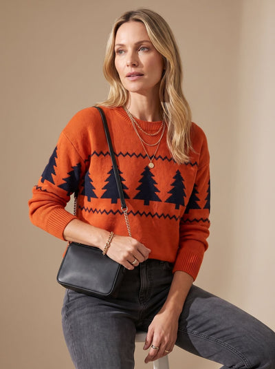 Emilia | Dames gebreide trui met ronde hals en kerstboomdessin, losse pasvorm