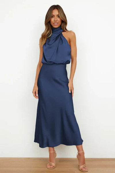 Marie | Elegante schoudervrije dames midi-avondjurk van satijn