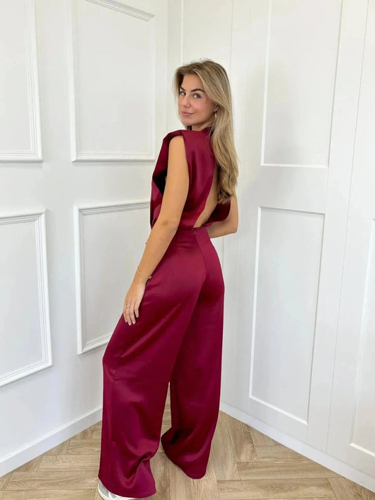 Clara | Elegante mouwloze dames satijnen jumpsuit met wijde pijpen