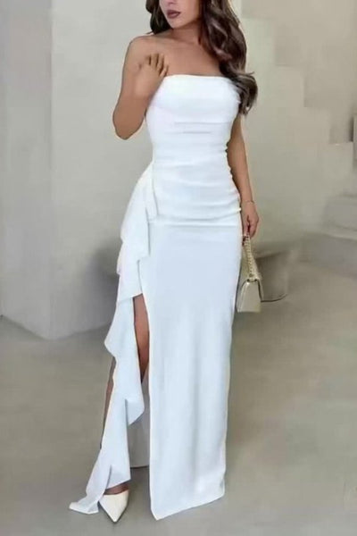 Greta | Strapless dames satijnen wikkelmaxijurk met drapering en hoge split