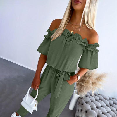 Amelie | Dames off-shoulder jumpsuit met ruches en strikband bij de taille