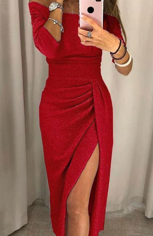 Elfriede | Off-shoulder dames cocktailjurk met lange mouwen en glitter
