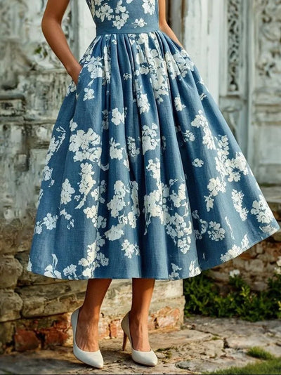Leonie | Dames off-shoulder linnen midi-jurk met bloemenmotief