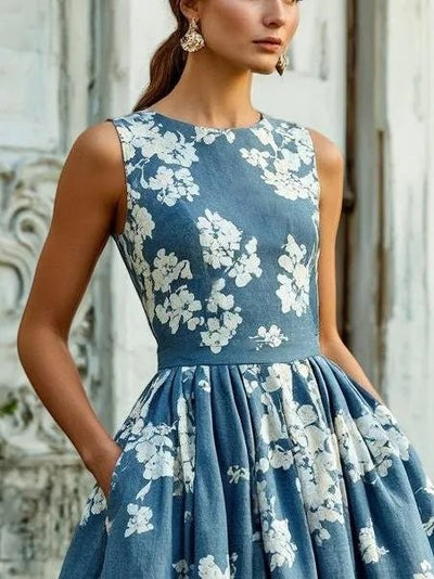 Leonie | Dames off-shoulder linnen midi-jurk met bloemenmotief