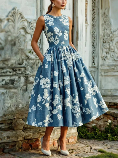 Leonie | Dames off-shoulder linnen midi-jurk met bloemenmotief