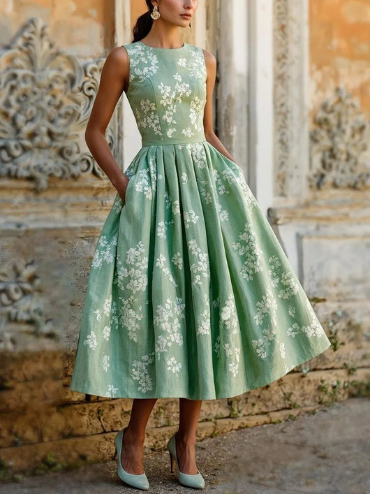 Leonie | Dames off-shoulder linnen midi-jurk met bloemenmotief