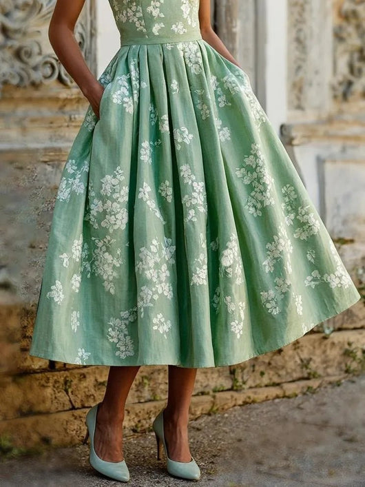 Leonie | Dames off-shoulder linnen midi-jurk met bloemenmotief