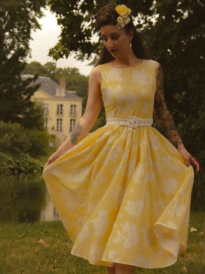 Leonie | Dames off-shoulder linnen midi-jurk met bloemenmotief