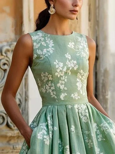 Leonie | Dames off-shoulder linnen midi-jurk met bloemenmotief