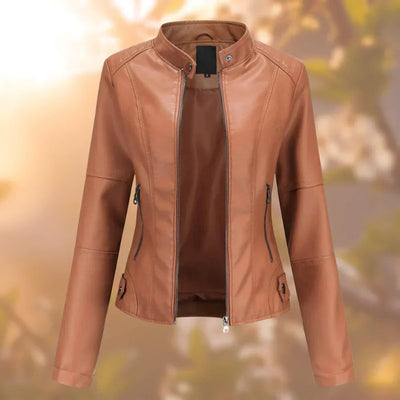 Marlene | Slim fit dames bikerjack van imitatieleer met opstaande kraag